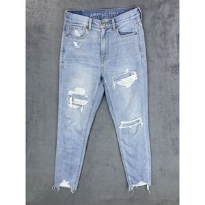 American Eagle Jeans Womens 00 Short Blue Ripped Denim Light Wash High Rise Mom